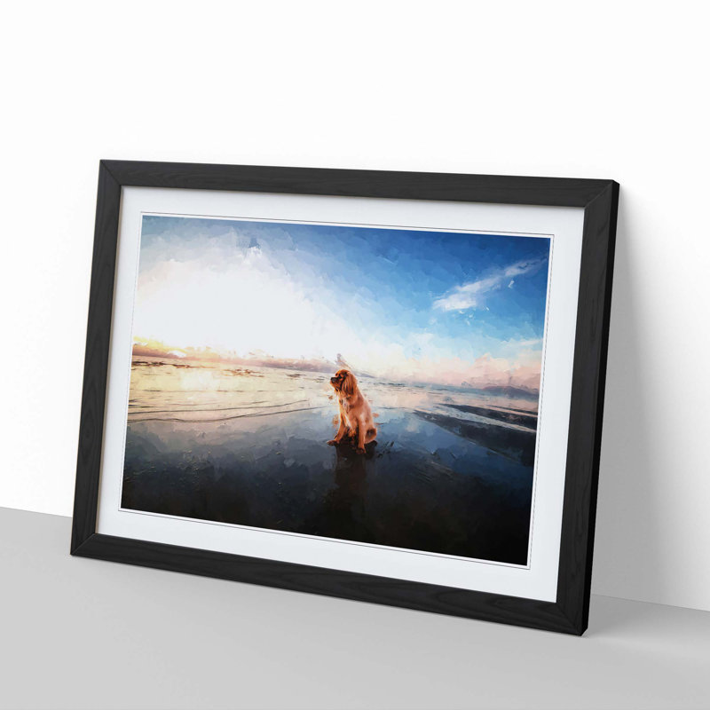 King Charles Spaniel upon the Beach in Abstract - Framed Print, Black, 35cm H x 50cm W x 2cm D