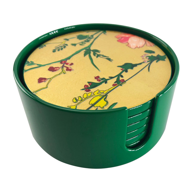 Flower Round Lacquer Coasters with Holder