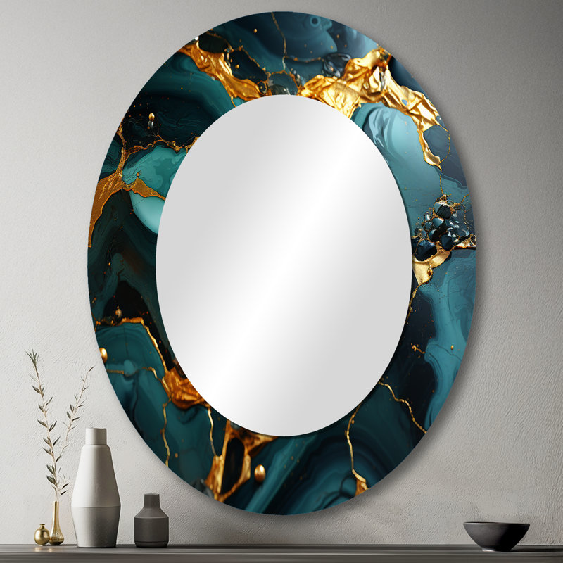 Vert et or topaze agate granit II - grand miroir mural ovale sur métal, H 43 po x l 33 po