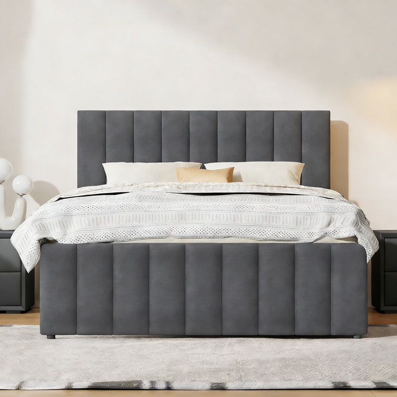 Lit plateforme tapissier double avec lit gigogne simple et 3 tiroirs, tissu en lin, Gris