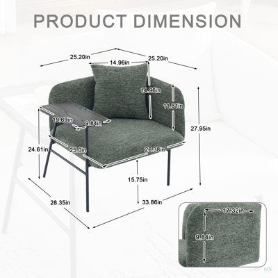 Fauteuil de loisir, fauteuil de détente avec petite table et coussin de dossier, chaises rembourrées modernes avec pieds en métal et poches latérales, canapé simple pour le salon / la chambre / le jardin