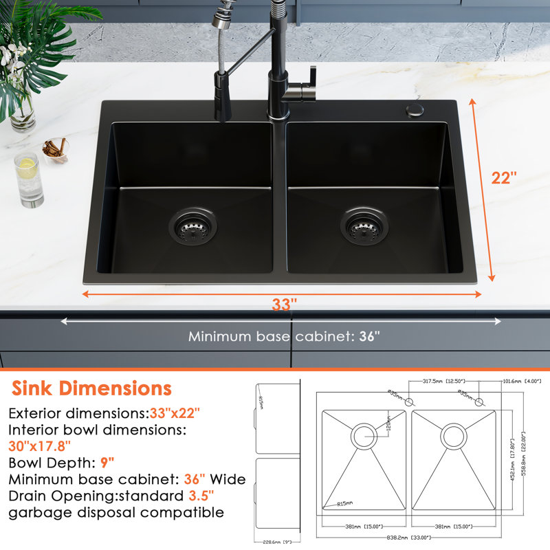 33'' L Ture Black Double Bowl Kitchen Sink W/ Pull-out Faucet  16 Gauge Stainless Steel Drop In Sink