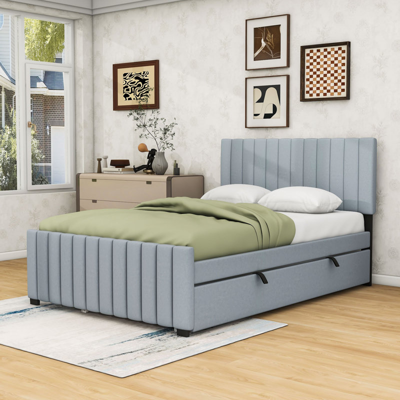 Lit plateforme double en bois avec lit gigogne Vale, gris