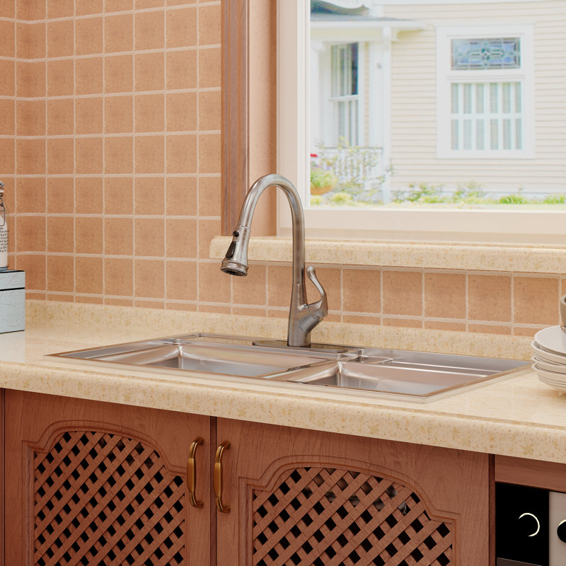 Robinet de cuisine rétractable à poignée simple avec distributeur de savon, Nickel brossé