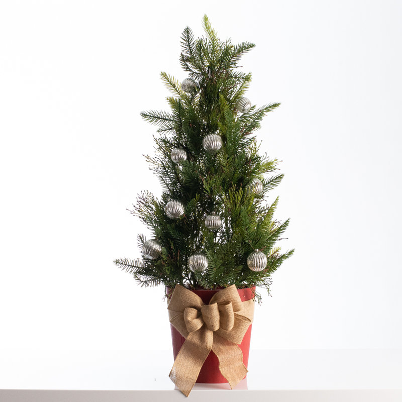 Topiaire de sapin de Noël pré-éclairé en forme de pin avec manteau de Noël et pot décoratif - option ornement