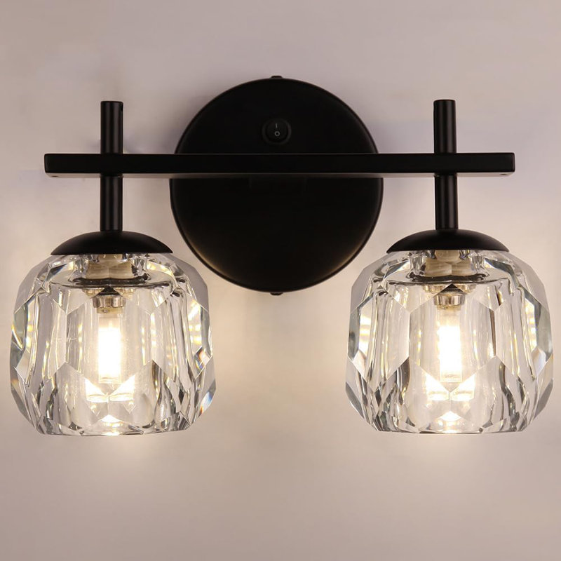 Modern Crystal Wall Sconce With Switch - 2-Light Black Vanity Lighting Fixture For Bathroom, Bedroom, Living Room, And Stairway