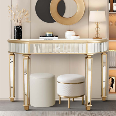 Console à miroir en demi-lune de 47 pouces avec verre cannelé, tiroir en cristal pour le vestibule, la chambre à coucher ou le vestiaire