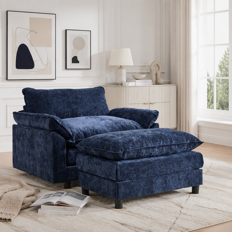 Chaise d'appoint moderne avec repose-pieds, revêtement en chenille moelleuse et structure en bois massif, Tissu bleu, Oui