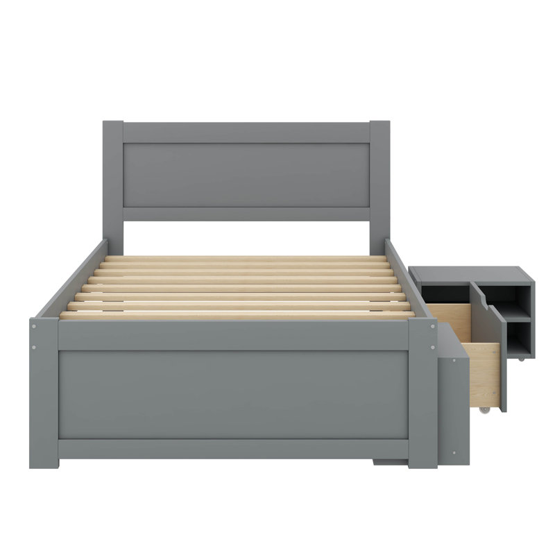 Lit plateforme élégant avec tiroir intégré et deux tablettes, Gris, Lit simple