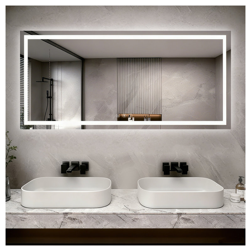 Miroir de salle de bain 60 po x 28 po à DEL avec éclairage avant et arrière, miroir de meuble-lavabo à intensité variable, 3 températures de couleur, antibuée, imperméable IP44, montage horizontal ou vertical