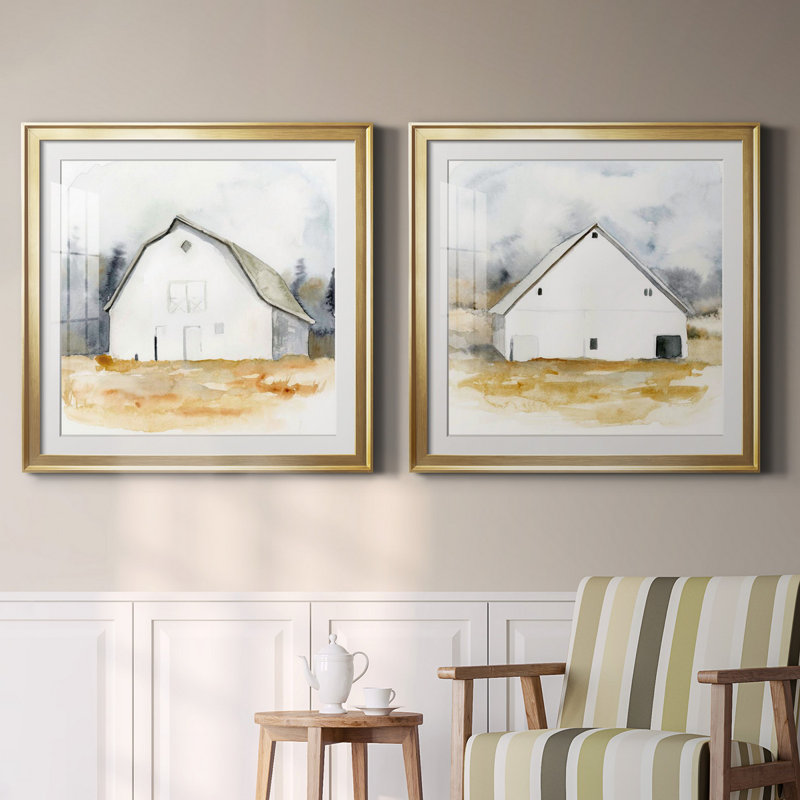 «White Barn Watercolor III», toile tendue avec châssis encadré - prête à être accrochée, H 34,5 po x l 69 po x P 1,5 po