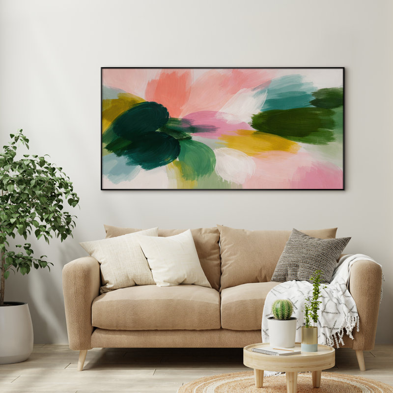 Très grand art mural imprimé sur tissu - Coups de pinceau abstraits et colorés en rose, vert et jaune pour la chambre à coucher - «Assemblage requis du cadre (cadre non fini)»