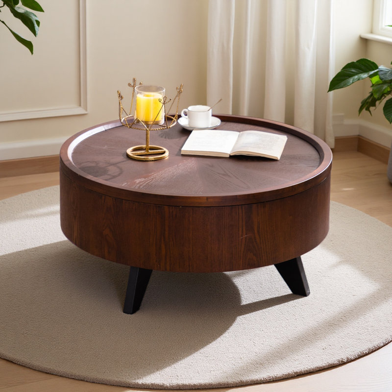 Table basse ronde avec plateau de rangement caché amovible, tables basses rondes modernes de luxe, table centrale circulaire plaquée en bois massif avec piédestal robuste pour le salon, assemblage facile