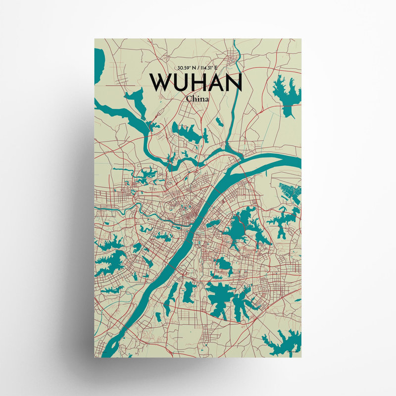 Carte de la ville de Whan, impression, H 17 po x l 11 po, Vert / beige