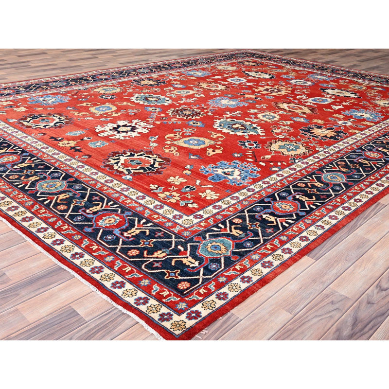 Tapis rouge en laine noué à la main 9 pi 9 po x 13 pi Peshawar Serapi Heriz