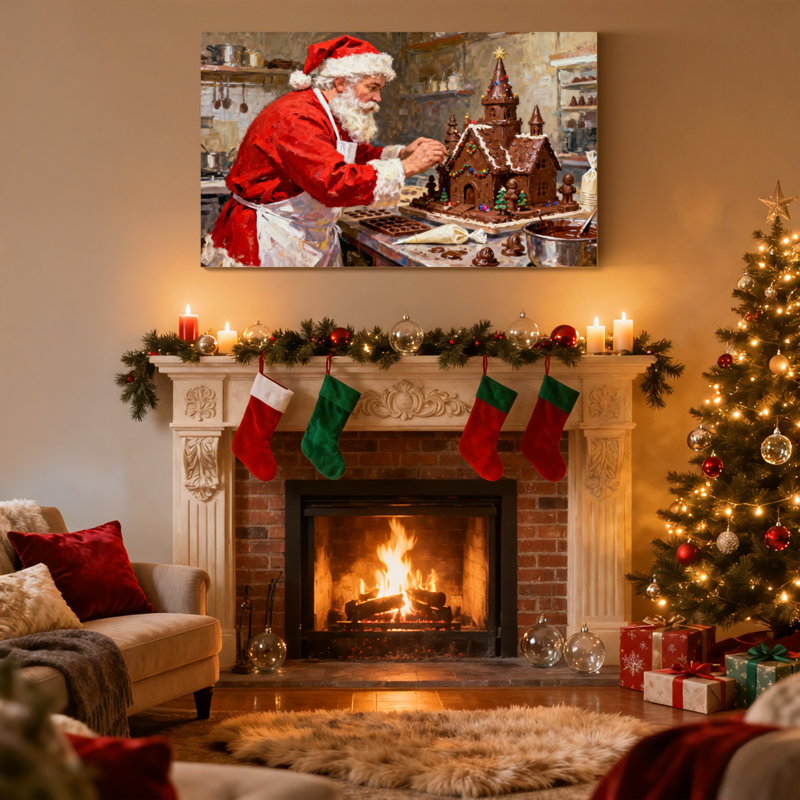 Ensemble de 3 reproductions d'art sur toile, "Christmas Santa Crafting Gingerbread House In Kitchen", H 16 po x l 24 po