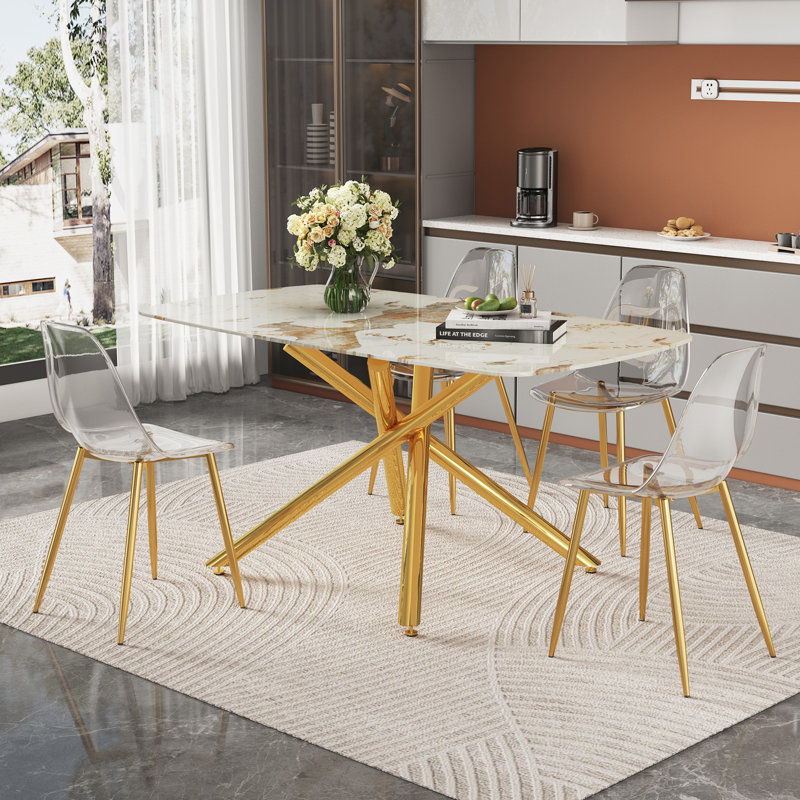 Ensemble de table de salle à manger Luxurious Modern, verre trempé marbré, chaises à cadre doré