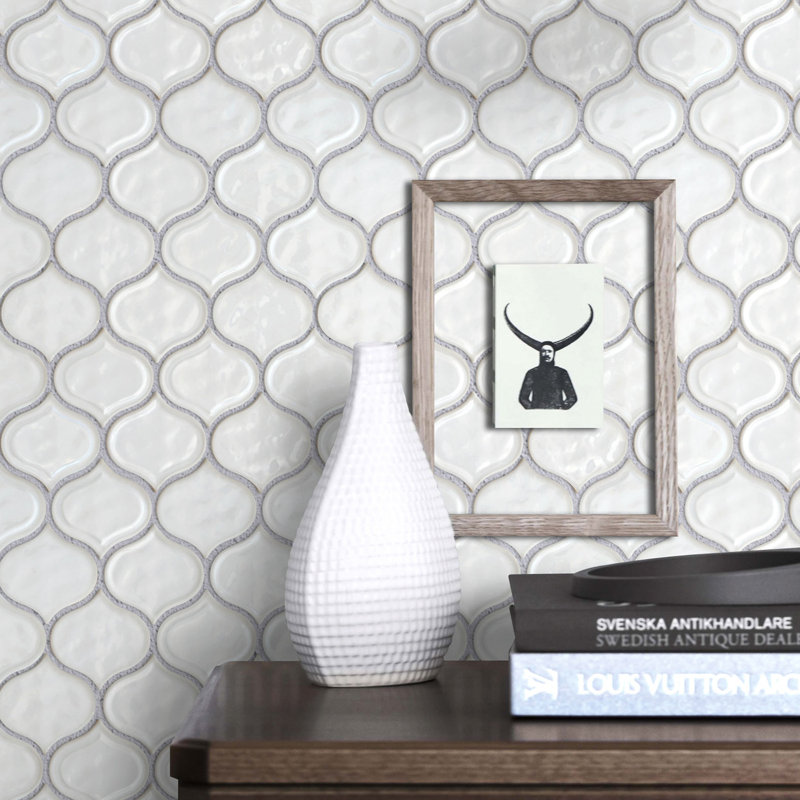 Classic 9.69 in. x 11.97 in. Arabesque Glossy Glass Mosaic Tile, White