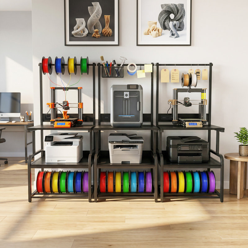 3D Printer Stand with Filament Storage, Heavy Duty 3D Printer Table with Charging Station, Black