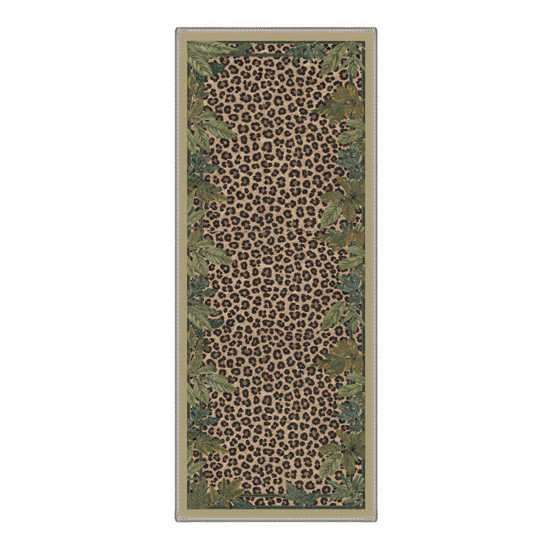 Alissa Lushmark Animal Print Leopard Foliage Machine Washable Green / Brown / Black Indoor Area Rug with Non-Slip Backing