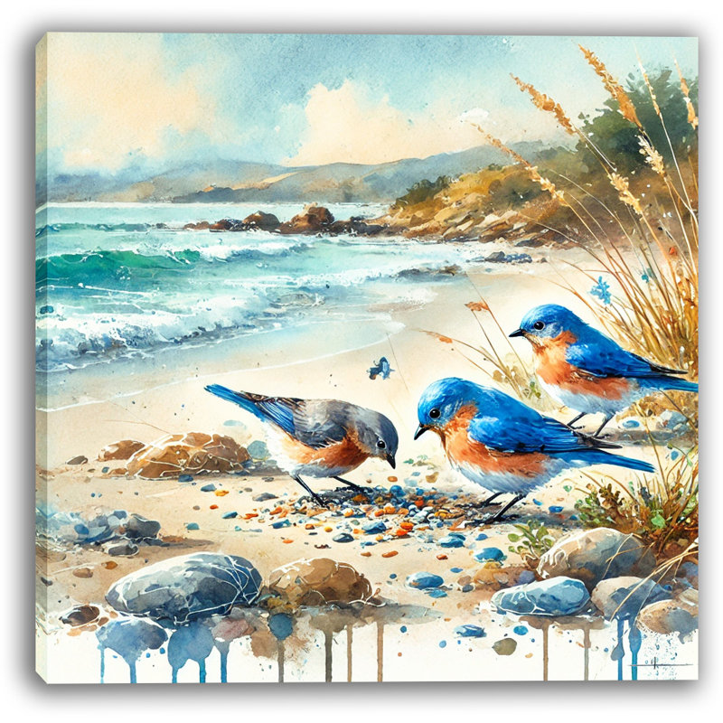 Coastal Bluebird Trio: Scène de plage à l'aquarelle, H 30 po x l 30 po x P 1,5 po