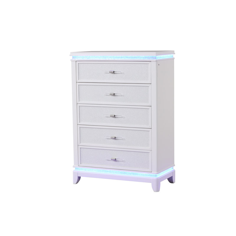 Commode 5 tiroirs de style moderne avec poignées en diamant et détails réfléchissants en bois blanc