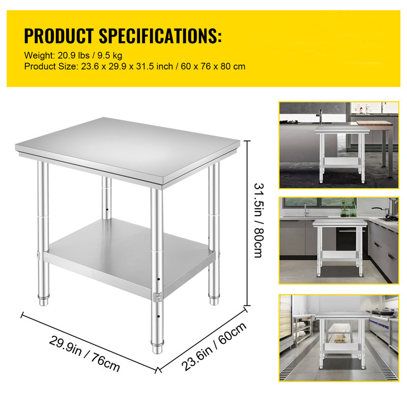 Table de préparation en acier inoxydable, 61 x 76 x 79 cm, capacité de charge de 318 kg, table de travail robuste en métal avec 3 niveaux de hauteur réglables, poste de travail professionnel pour cuisine, garage, restaurant ou jardin.