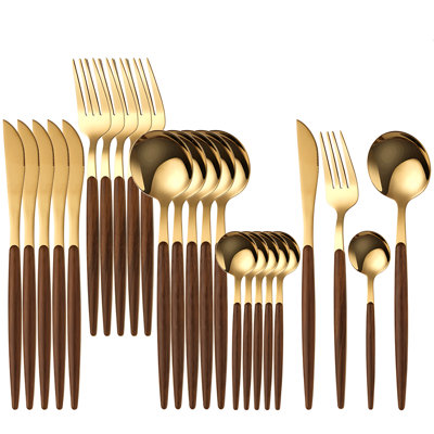24-Piece Stainless Steel Cutlery Set With Wood Grain Handle, Fork Knife Spoon Set For Western Dining