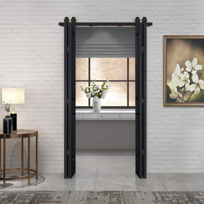 72 in. x 80 in. Hollow Core 2-Panel Black MDF Composite Double Bi-Fold Barn Doors with Sliding Hardware Kit