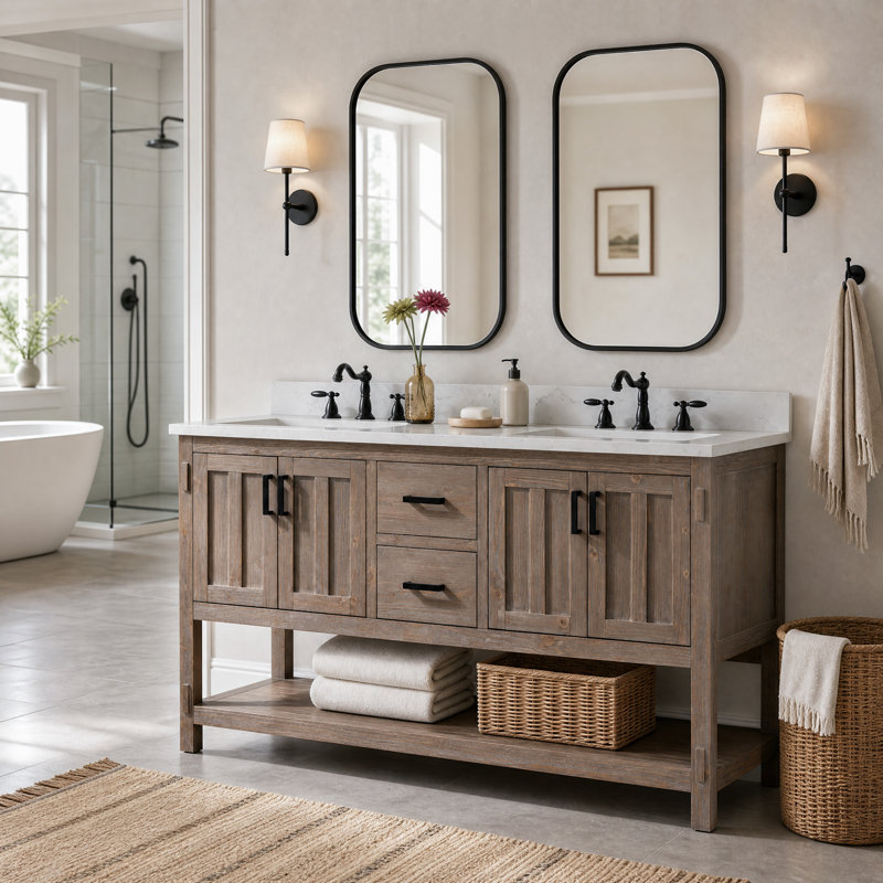 Marissa 60" Freestanding Double Bathroom Vanity with Engineered Stone Top, Brown Spruce