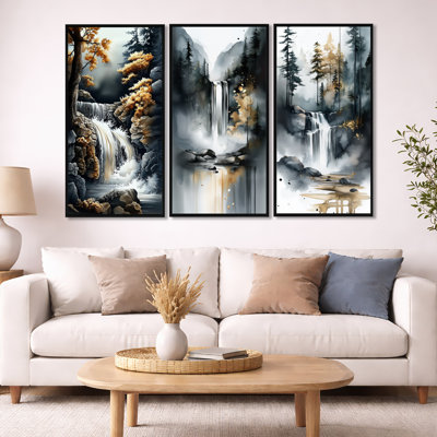 Autumn Waterfall Forest Trail – Grey Waterfall Framed 3 Panel Wall Decor