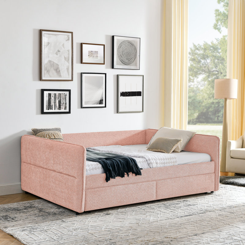 Queen Size Daybed With Two Drawers Upholstered Tufted Sofa Bed, Boucle Fabric, Pink