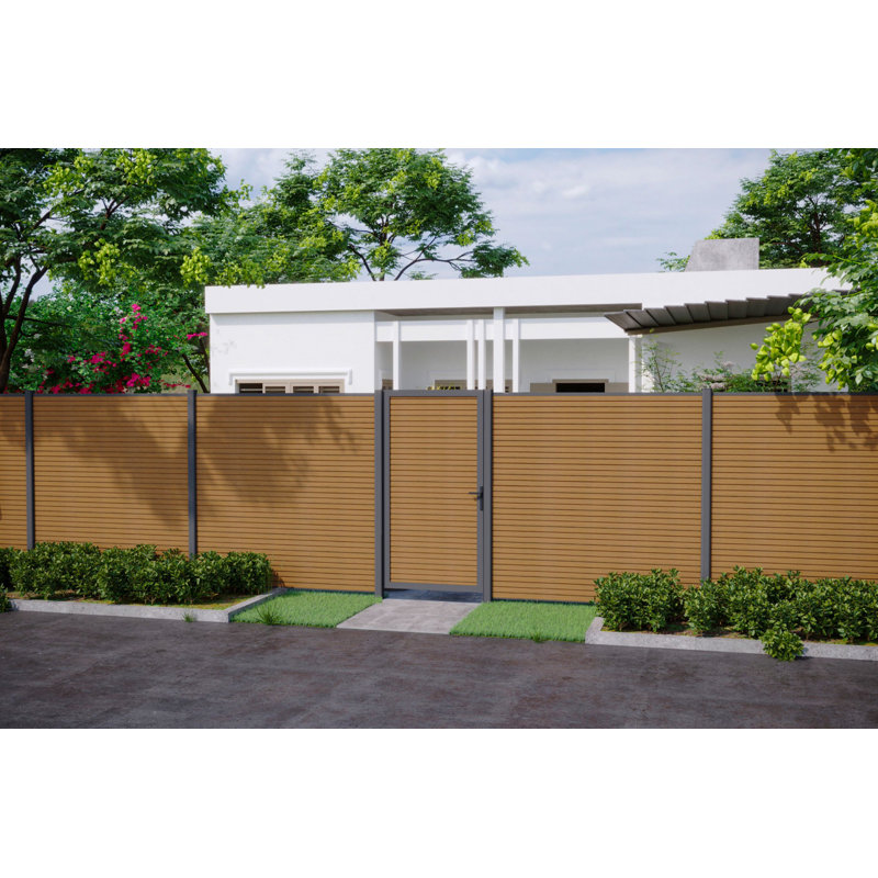 Ensemble de barrière de clôture en teck péruvien composite 38,25 po x 71,62 po avec cadre gris, Grey frame and posts