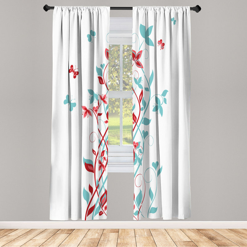Microfiber Floral Semi-Sheer Rod Pocket Curtain Panels, 28" W x 84" L, Blue/Red/White