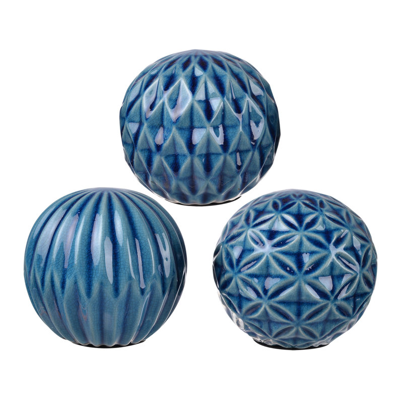 Ensemble de 3 orbes décoratifs en céramique bleue avec motifs texturés, boules décoratives contemporaines de 4 po pour présentation de manteau de cheminée, de table, de bol ou de centre de table