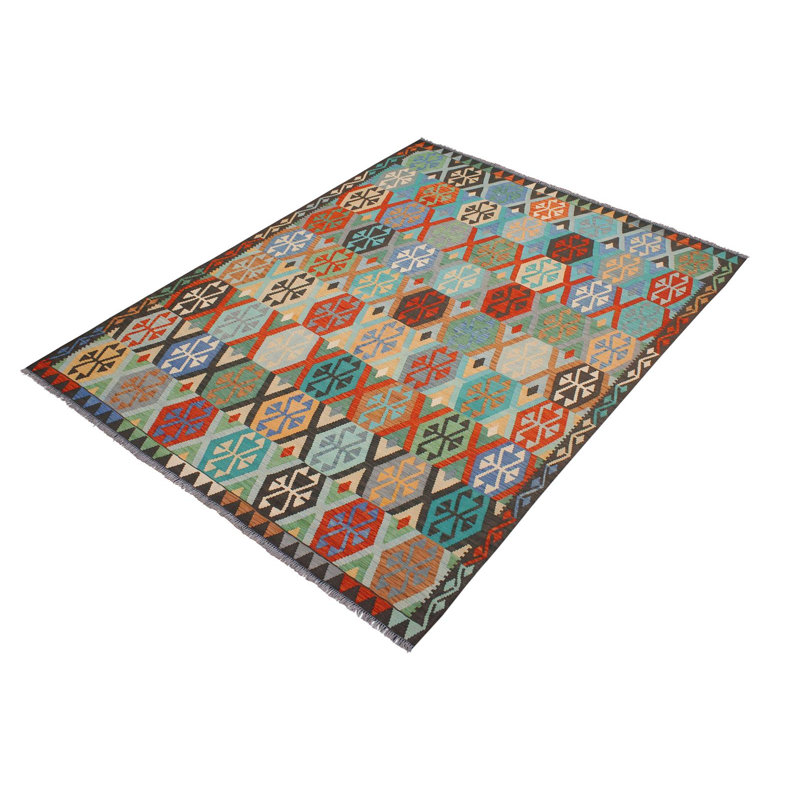 Tapis géométrique en laine noué à la main à motif géométrique de couleur rouille / bleu / brun 8 pi 2 po x 9 pi 9 po Cedorah