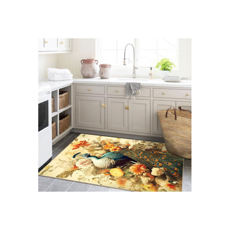 Tapis jaune lavable à la machine à motif de paon, Rectangle 3 pi 3 po x 4 pi 11 po