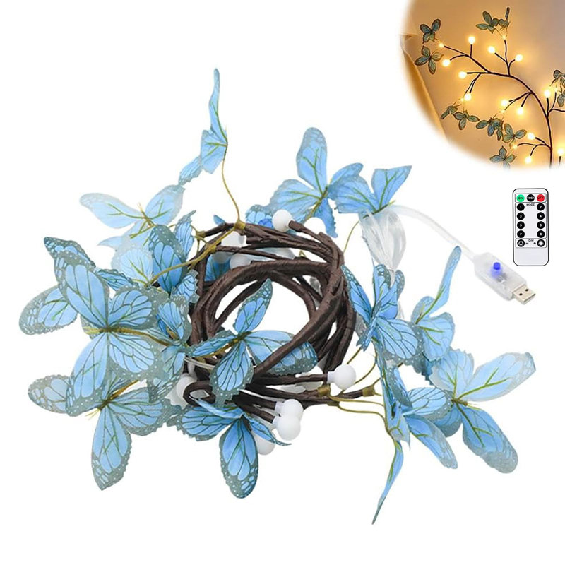 Guirlande lumineuse à DEL avec branches de sapin - lumières de fées décoratives flexibles, 8 modes d'éclairage et minuteries, charmantes plantes artificielles, modèle de boule de papillon bleu [USB + télécommande] 1,2 m de long, 36 lumières