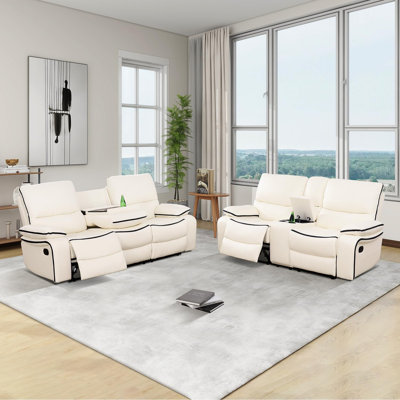 Ensemble de salon inclinable en similicuir 2 pièces avec console de rangement et porte-gobelets Abshier