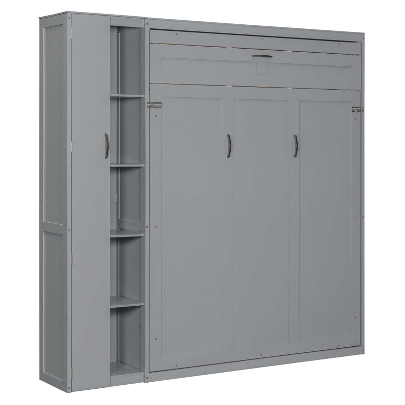 Lit escamotable mural Murphy avec tablettes, garde-robe et lumières DEL, Gris, Grand lit
