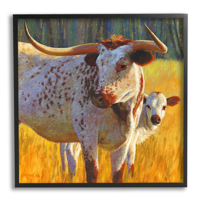 Vache Longhorn, veau, prairie, estampe numérique par Rita Kirkman