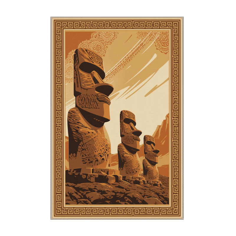 Tapis oriental classique brun / beige à motif de moai polynésien lavable à la machine Orsolya, 7 x 10