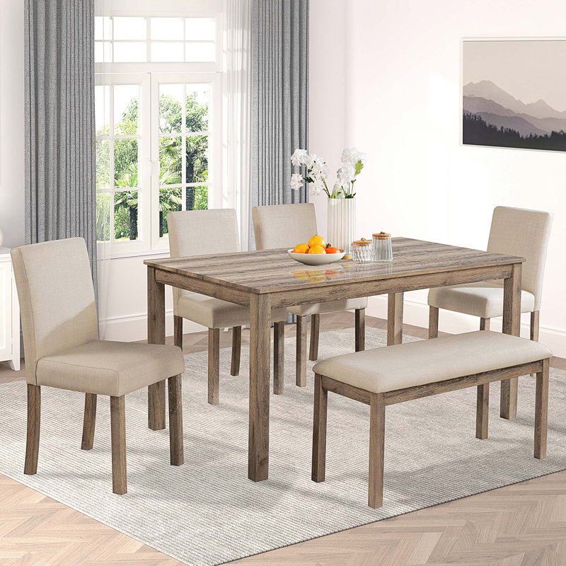 Ensemble de table de salle à manger 6 pièces, ensemble de table de salle à manger en bois pour 6 personnes, ensemble de table de salle à manger avec 4 chaises rembourrées et un banc pour la cuisine, la salle à manger
