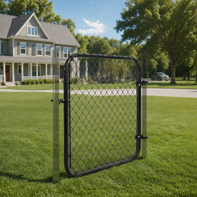 4FT H x 4FT W Black Chain Link Fence Gate with Round Frame, Hinge & Lock for Yard or Animal Enclosures, Fits 52 in. Openings