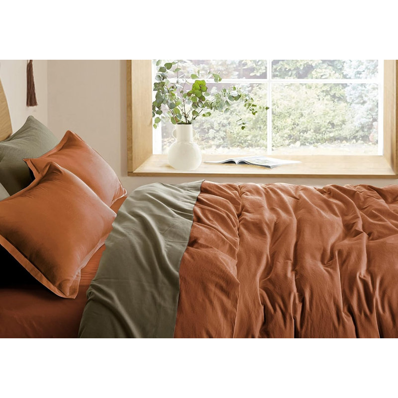 Stonewashed Cotton Solid Color Duvet Cover Set, California King Duvet Cover + 2 King Shams, Rust