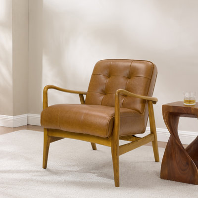 24.8'' W Genuine Leather Tufted Arm Chair With Solid Wood Frame