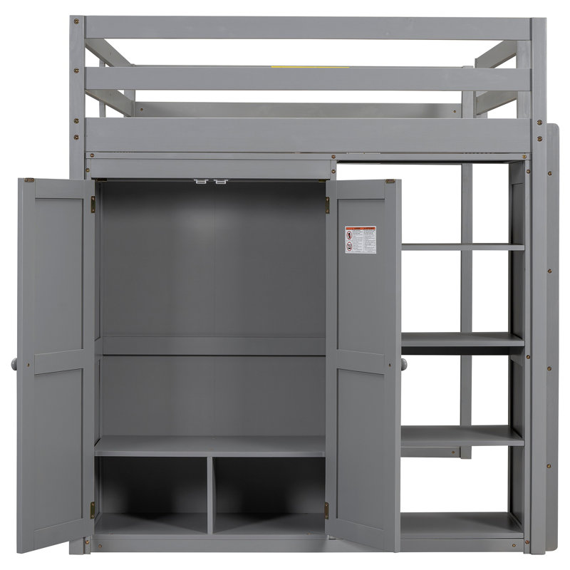 Lit mezzanine en bois avec garde-robe intégré et tablettes de rangement, lumière DEL, Gris