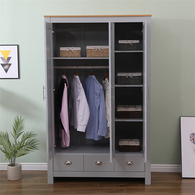 Analeece 3 Door Manufactured Wood Wardrobe, Grey