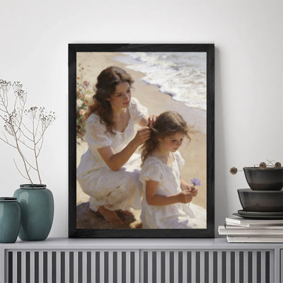 Élégante art mural encadré sur toile avec cadre en bois noir, "Femme et enfant", galerie d'art encadrée dans un cadre noir, cadeau unique pour les amis et la famille