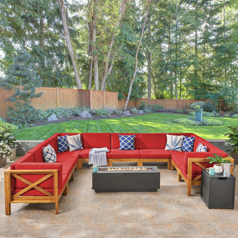 10 - Person Modular Patio Conversation Set with Cushions, Teak Frame / Red Cushion